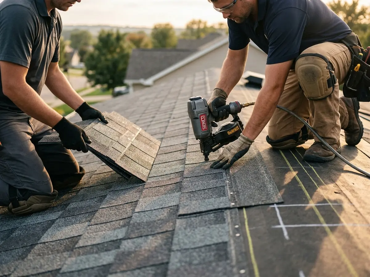 Professional roofer working on a residential roof in Chalco